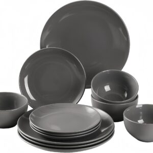 12-piece simpa grey glazed ceramic stoneware dinner set featuring stacked plates and bowls.