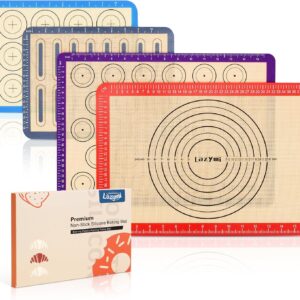 A set of four Lazymi silicone non-stick baking mats and a box on a white background.