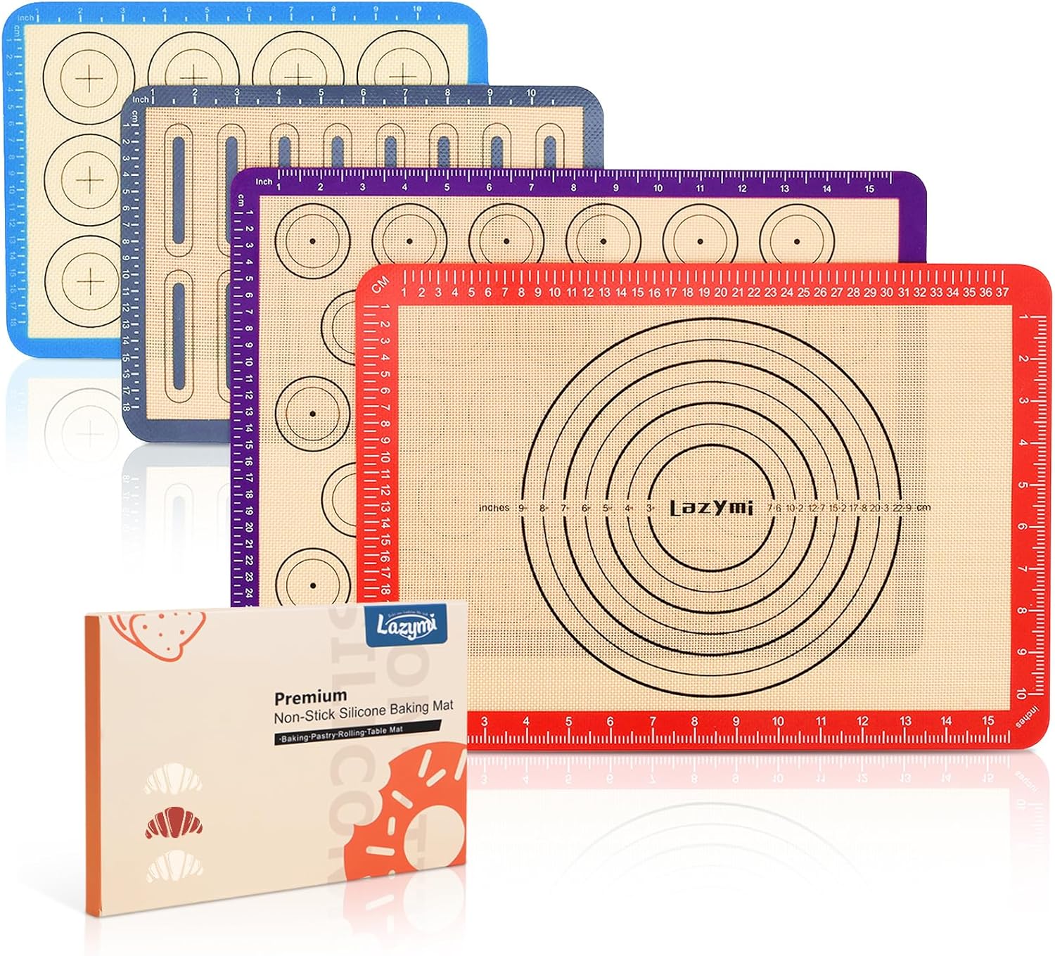 A set of four Lazymi silicone non-stick baking mats and a box on a white background.