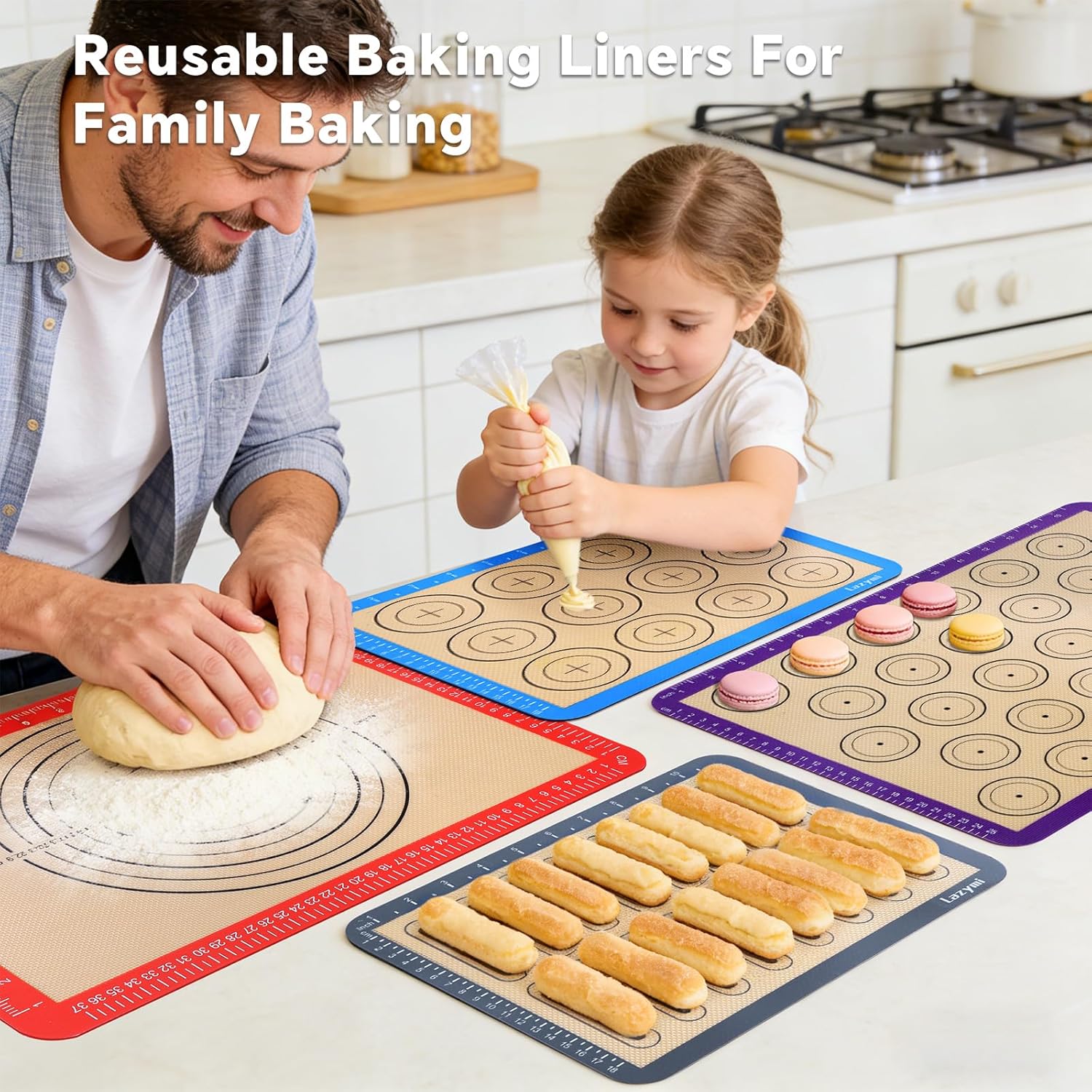 4 Piece Set Silicone NonStick Baking Mats Sheet with Measurement-Resuable Non-Slip Tray Liners, Pastry/Macaron/Cake/Cookie/Bread Making, Fit for Table Mat Counter Mat (Red, Purple, Blue, Grey) - Image 4