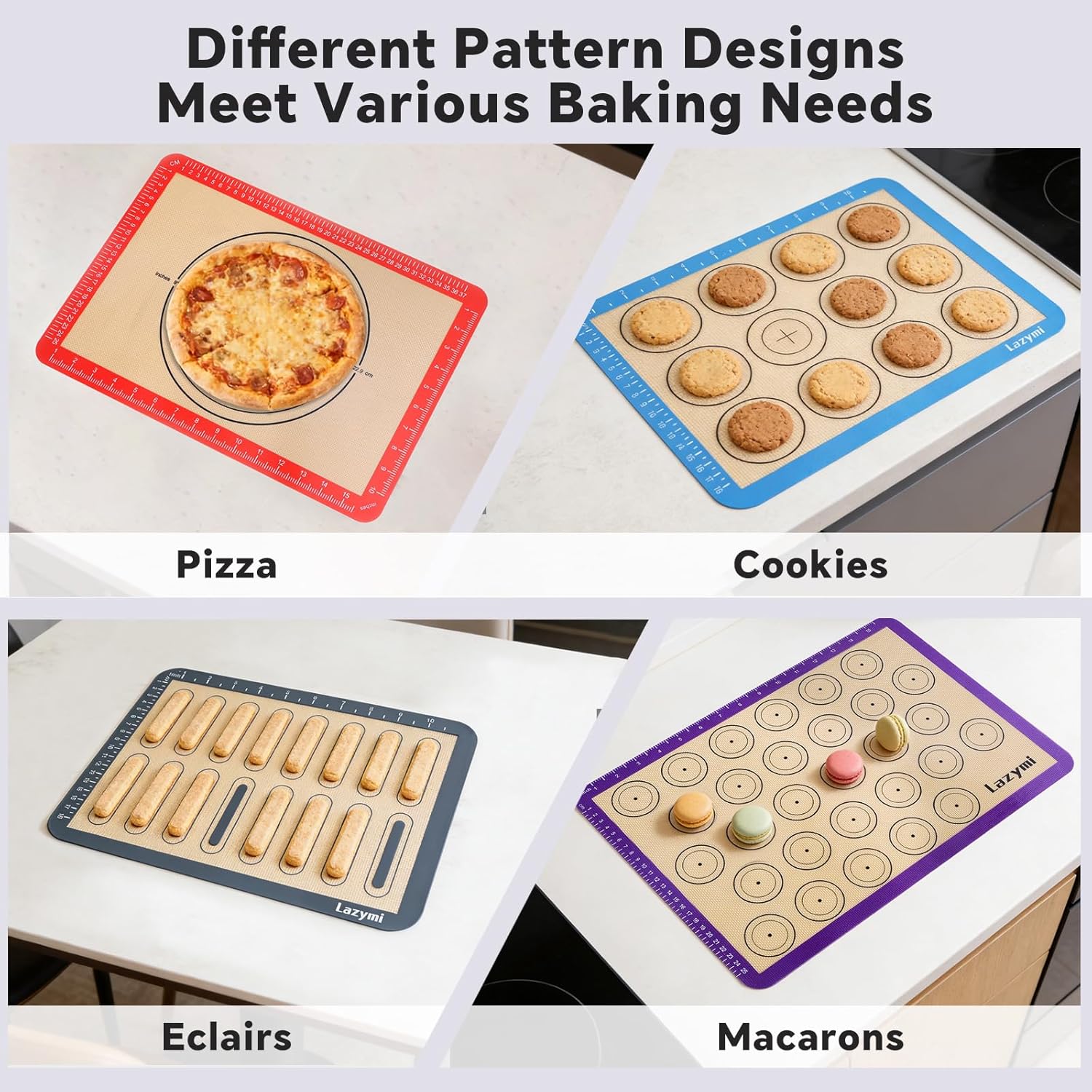 4 Piece Set Silicone NonStick Baking Mats Sheet with Measurement-Resuable Non-Slip Tray Liners, Pastry/Macaron/Cake/Cookie/Bread Making, Fit for Table Mat Counter Mat (Red, Purple, Blue, Grey) - Image 6