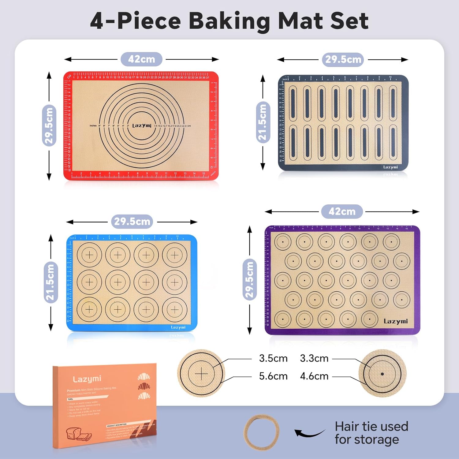 4 Piece Set Silicone NonStick Baking Mats Sheet with Measurement-Resuable Non-Slip Tray Liners, Pastry/Macaron/Cake/Cookie/Bread Making, Fit for Table Mat Counter Mat (Red, Purple, Blue, Grey) - Image 8